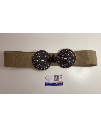Cinturón rociero elástico con broches de piel repujada beige COMPLEMENTOS