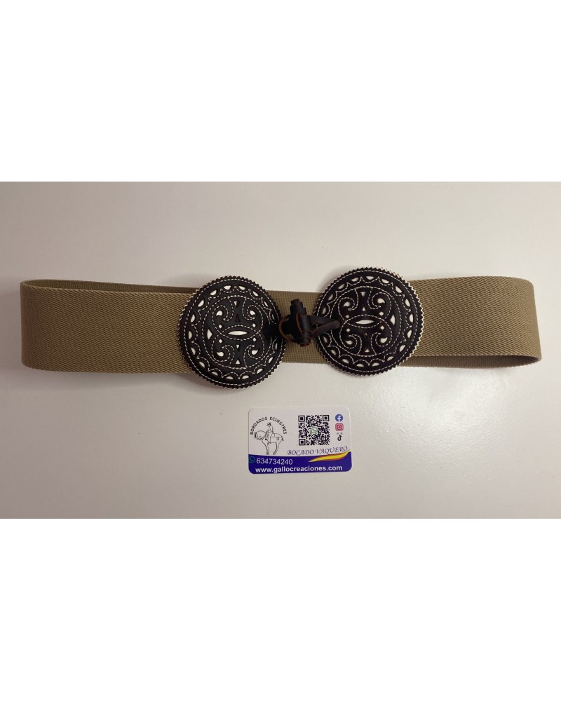 Cinturón rociero elástico con broches de piel repujada beige COMPLEMENTOS
