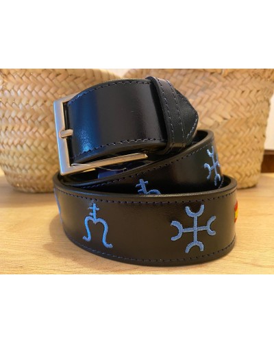CINTURON PIEL NEGRO/AZUL CON HIERROS GANADEROS BORDADOS Inicio