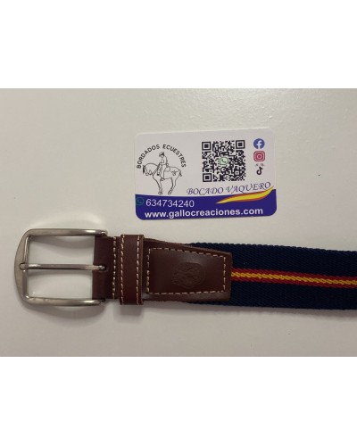 Cinturón de loneta y piel con detalles de la virgen del Rocío azul COMPLEMENTOS