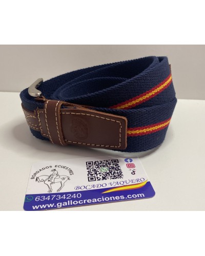 Cinturón de loneta y piel con detalles de la virgen del Rocío azul COMPLEMENTOS