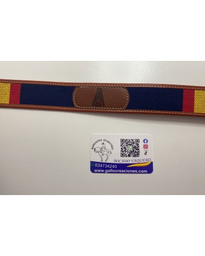 Cinturón de loneta y piel con detalles de la virgen del Rocío azul COMPLEMENTOS